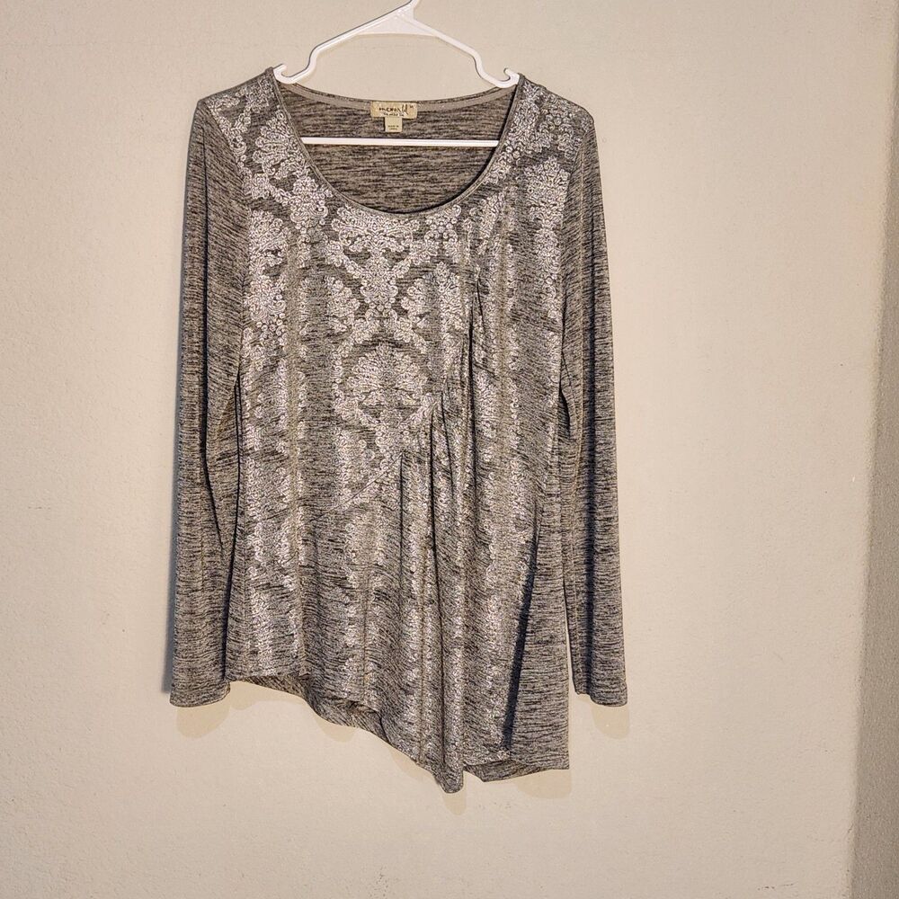 One World Live And Let Live Womens M Gray Paisley Asymmetrical Tunic Top